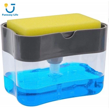 

2-in-1 Sponge Box With Soap Dispenser Double Layer Kitchen Plastic Soap Dispenser Manual Press Organizer Cleaner Tool