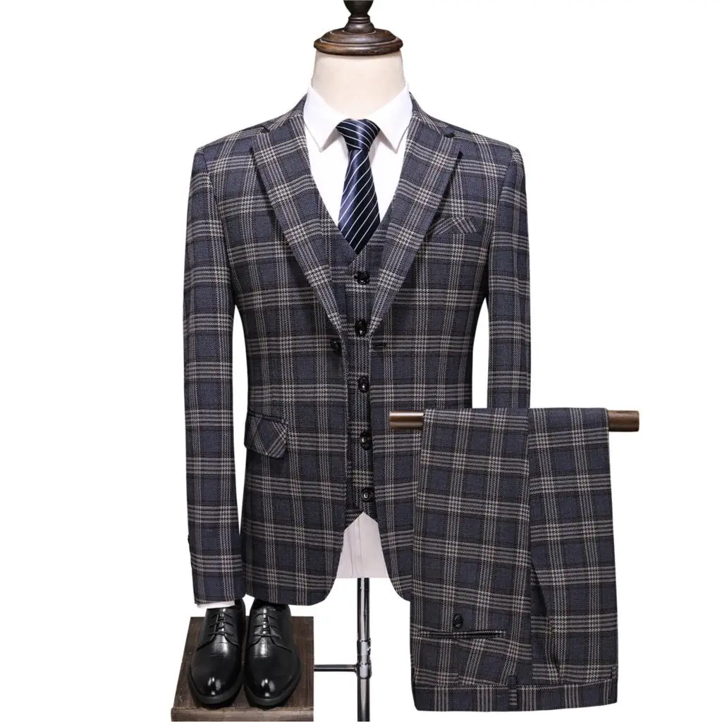 

Men's Suits single-breasted Classic Plaid Suit Set Dress Male Slim Fit Tuxedo Wedding Evening Formal Casual Suit 5XL