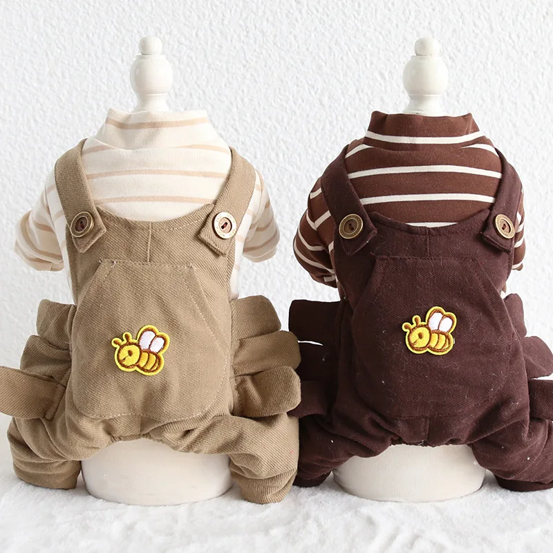 

2019 Autumn and Winter Newest Striped Design with Bee Animals Printed Four-legged Brown Yellow Colors Xs-xl Sizes Dog Jumpsuits