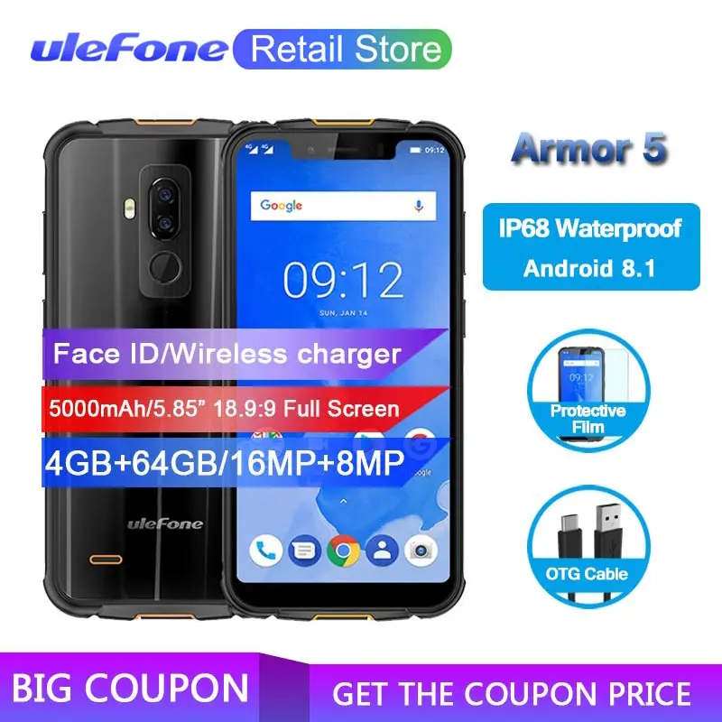 Ulefone Armor 5 IP68 водонепроницаемый смартфон 5,8" HD+ Восьмиядерный 4 Гб+ 64 Гб двойная задняя камера NFC Беспроводная зарядка Android 8,1 телефон