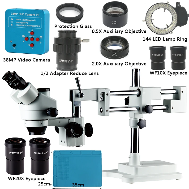 

3.5X 7X 45X 90X Zoom Simul Focal Trinocular Stereo Microscope Double Boom Stand+38MP Camera Microscope For Industrial PCB Repair