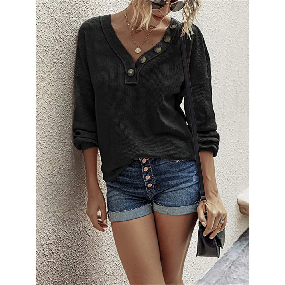 Women Casual Loose Tops Solid Buttons V-Neck T-Shirts Autumn Long Sleeve New Fashion Tee Female Streetwear Pullover Clothing cheap t shirts