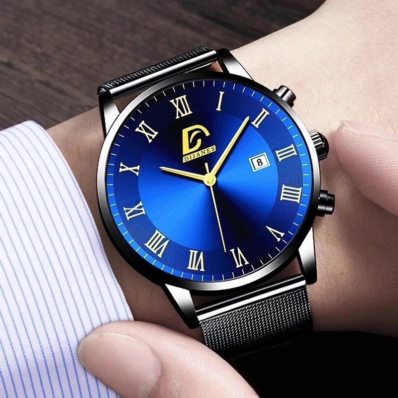 Relojes minimalistas para hombre, pulsera de cuarzo con correa de malla de acero inoxidable, de lujo, informal, de negocios, masculino - Imagen 6