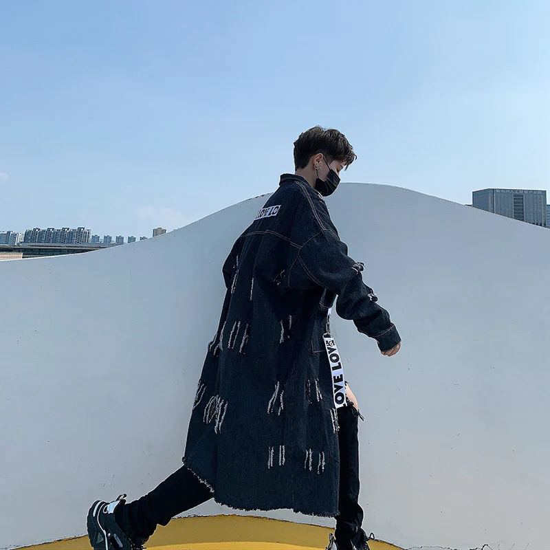 2019 autumn new windbreaker Korean fashion loose slimming long section denim coat jacket trench Japan Style Hip Hop Black 2019 autumn new windbreaker Korean fashion loose slimming long section denim coat jacket trench Japan Style Hip Hop Black