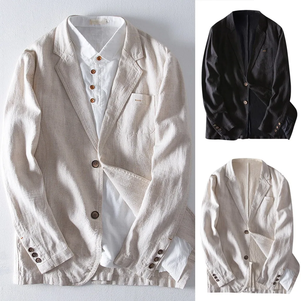 

KLV men suit jacket suit jacket Men's Slim Fit Linen Blend Pocket Solid Long Sleeve Suits Blazer Jacket Outwear free shipping D4