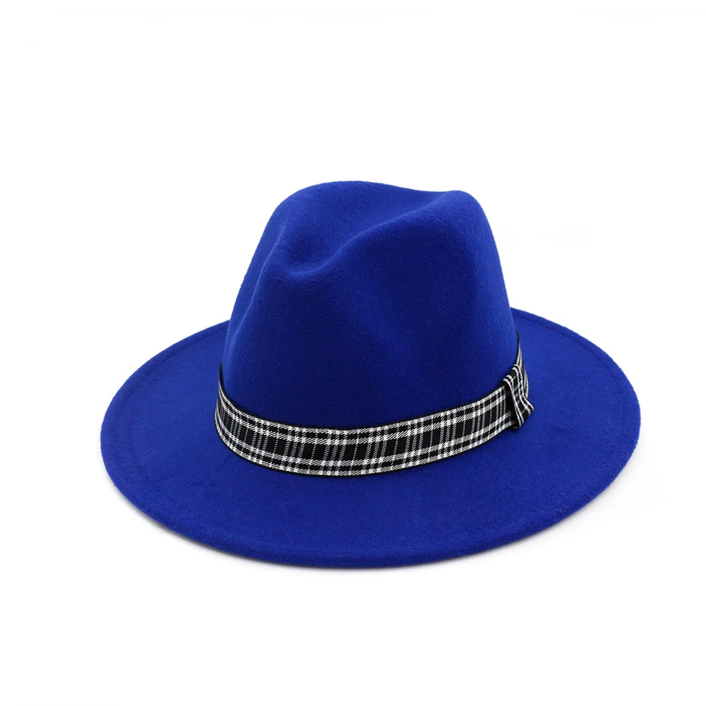 Для женщин Для мужчин шерстяная шляпа Fedora с полосатые атласные широкая шляпа Панама джазовая, шляпа