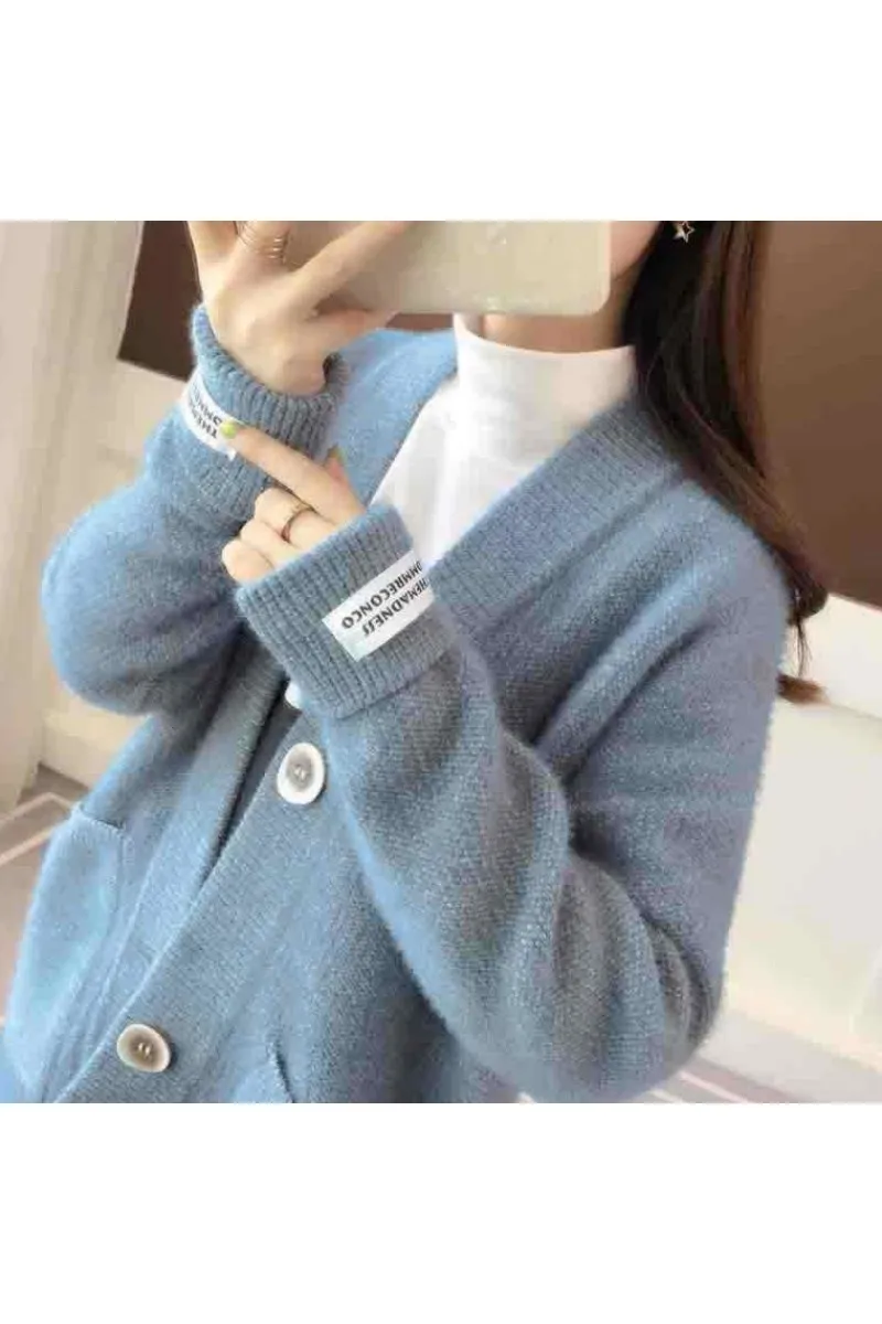 Korean Women Loose Cardigan Coat Double Pocket Design Sweater Jacket Cute Sweet Girl Casual Long Knitted Cardigan Pink Cape Top