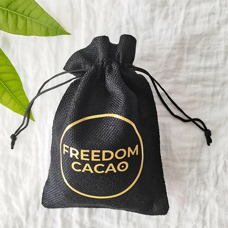 

60pcs Jute Black Linen Jewelry Pouches Custom Personalized gold Logo Packaging Drawstring Gift Bag Wedding Party favor