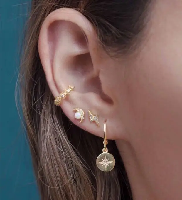 Дизайн без пирсинга, золотой цвет, Стерлинговое Серебро 925 пробы, милые мини-серьги с Луной, Фианитами, опалом, камнем, Молниеносным болтом, очаровательные серьги-гвоздики, ювелирные изделия