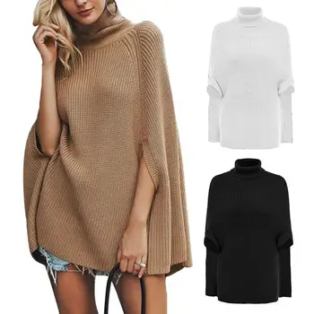 

Fashion Women Autumn Winter Solid Color Turtle Neck Knitted Loose Cloak Sweater warm loose knitted pullover sweater ladies
