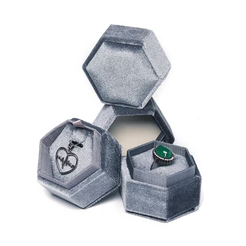 

New Listed Velvet Hexagonal Jewelry Ring Pendant Packaging Gift Box Built-in Card Slot Detachable Six Colors Optional For Female