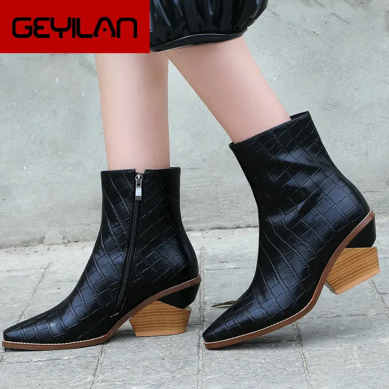 

Western Boots Women Embossed Leather Ankle Boots Comfor Wedges High Heels Boots Fashion Sqaure Toe Zipper Autumn Winter Boots
