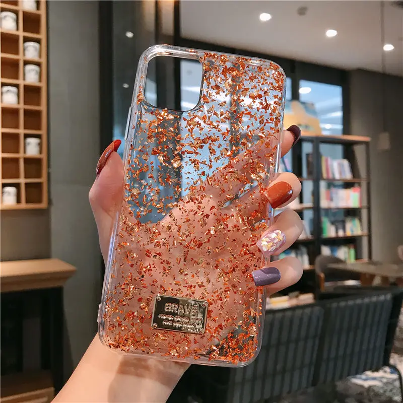 Блестящие чехлы для телефонов из золотой фольги для iPhone 11 11Pro Max XR XS Max X 8 7 6 6S Plus, прозрачная Противоударная блестящая задняя крышка