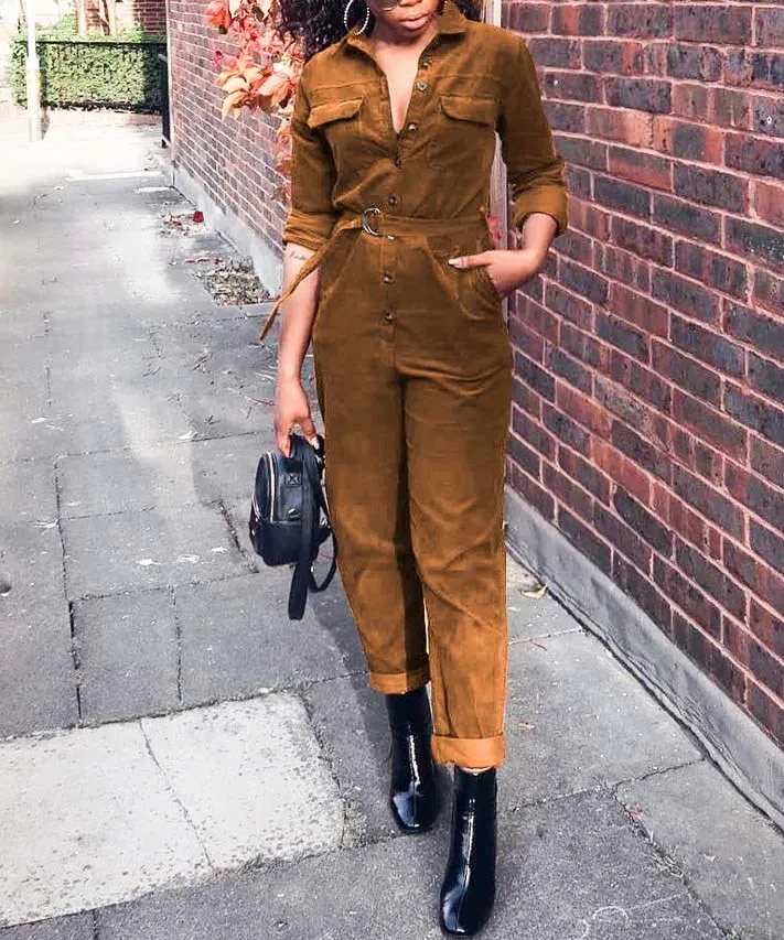 

Women Fall Corduroy Long Sleeve Romper Button Belt V-Neck Jumpsuit