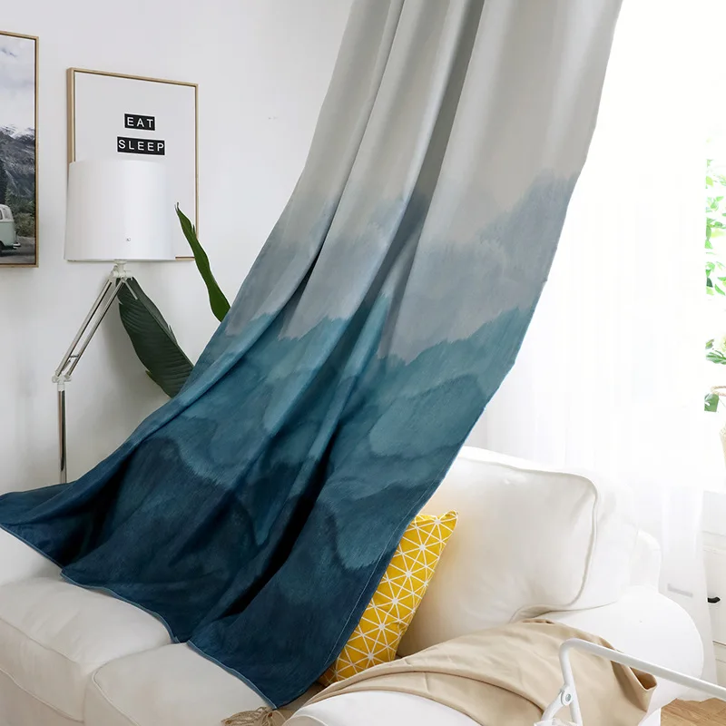 Tiyana Blackout Curtains For Living Room Blue Gradient Curtain Bedroom Window Treatment Panel Elegant White Sheer Tulle HP62X