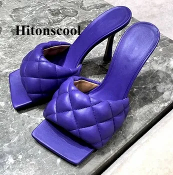 

Square toe Genuine Leather High heel Slippers Women Rhombus Madame High heel Shoes Woman Purple coffee red Sexy lady Mules Clogs