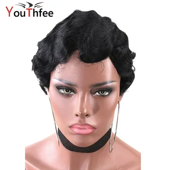 

Youthfee 12“ Short Bob Cut Finger Synthetic Wigs for Women Wave Black Hair Premium Fibers Curved Vintage Cosplay Costume Wigs