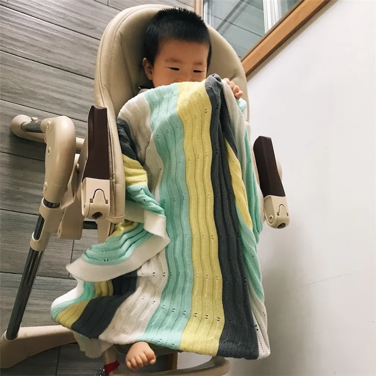 cotton knitted rainbow stripes baby blanket color gradient breathabe kids blanket newborn swaddle infant cart blanket quilt