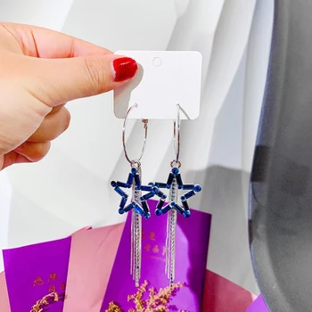 

2020 New Korean Crystal Blue Green Star Tassel Long Drop Earrings For Women Geometric Elegant Dangle Pendientes Gifts