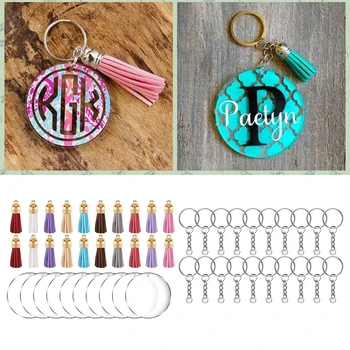 

90Pcs Acrylic Discs Keychain Blanks Tassels Pendants Key Chain DIY Bag Charm Kit