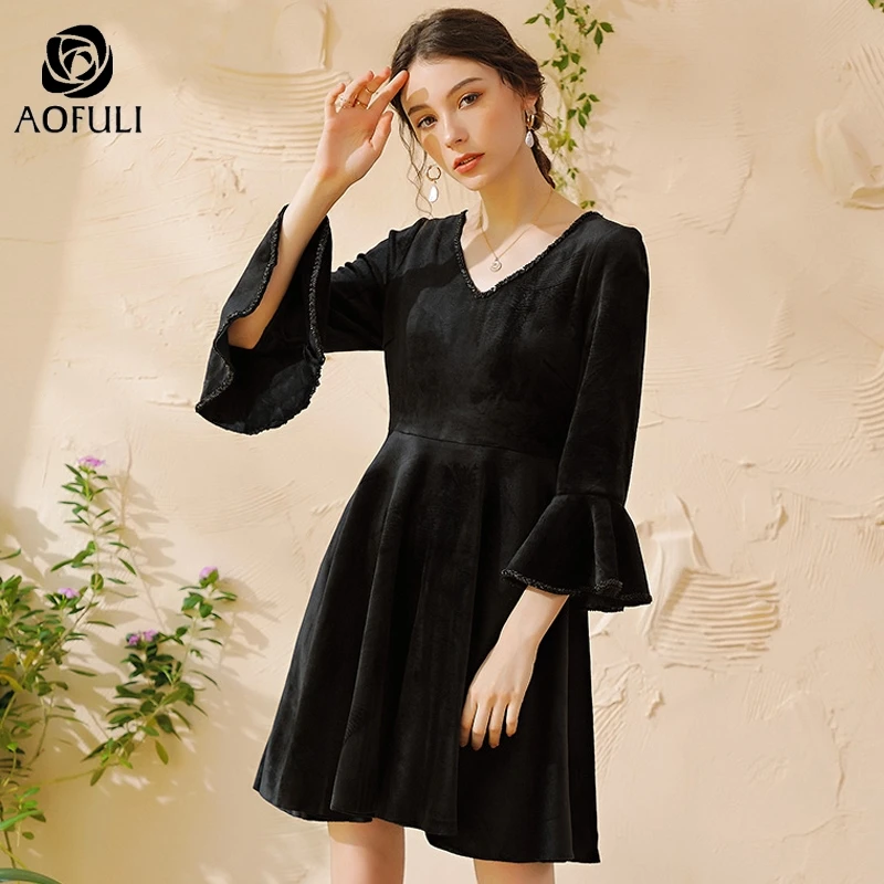 AOFULI L-4XL 5XL omen черные платья трапециевидной формы осеннее однотонное платье с расклешенными рукавами плюс размер Половина рукава бархатная одежда B6076