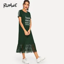 ROMWE платье-рубашка с коротким рукавом и надписью, с кружевным подолом, женское Повседневное платье с глубоким вырезом, прямые летние длинные платья, черное платье