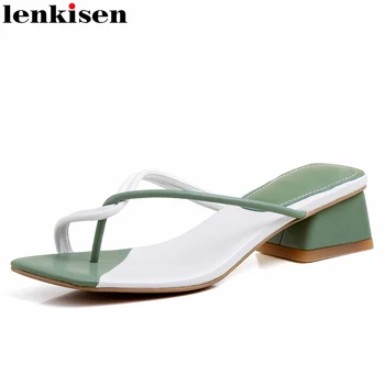 

Lenkisen big size european style med square heels slingback flip flop mixed colors narrow band slip on beauty lady sandals L09