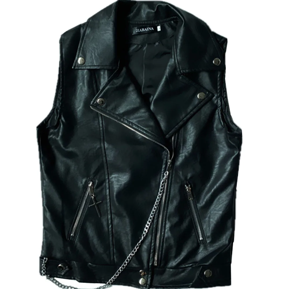 Rosetic Women PU Jacket Gothic Zipper Vest Jacket Punk Chain Pu Vest Motorcycle Female Street Wear Girl Zipper Vest