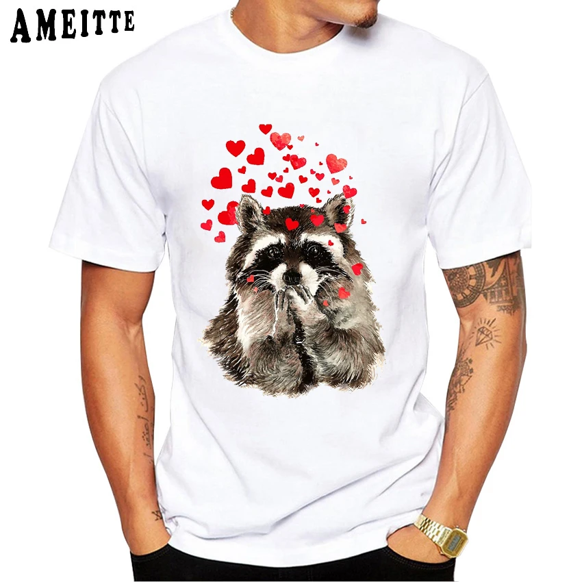 

Cute Watercolor Raccoon Blowing Kisses & Hearts Print T-Shirt Summer Fashion Men t-shirt Man Funny Tops Boy White Casual Tees
