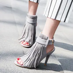 Бахромой открытый носок полусапожки серое элегантное платье женские ботильоны сандалии-ботинки Обувь с вырезами и на каблуках на высоком