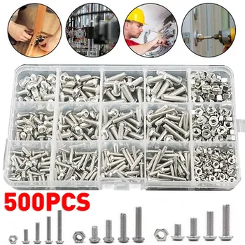 

500pcs/set 304 Stainless Steel Screws Set M3 M4 M5 Hexagon Socket Button Head Cap Screws Hex Bolts Nut Screw Set Assortment Kit