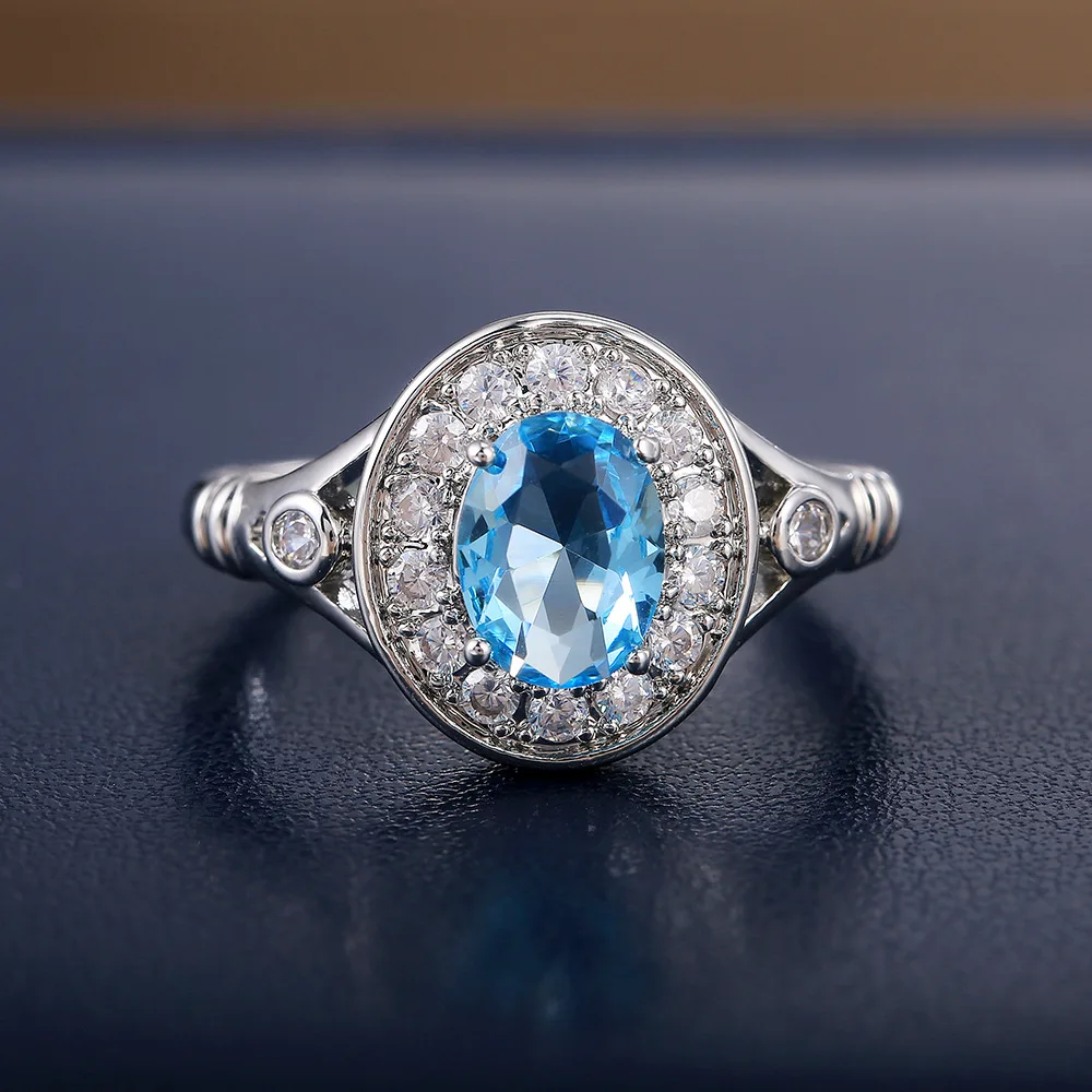 Sea Blue Topaz Stone Princess Zircon Ring Engagement Sapphire Gold Anillos for Women Bizuteria Jade Jewelry | Украшения и