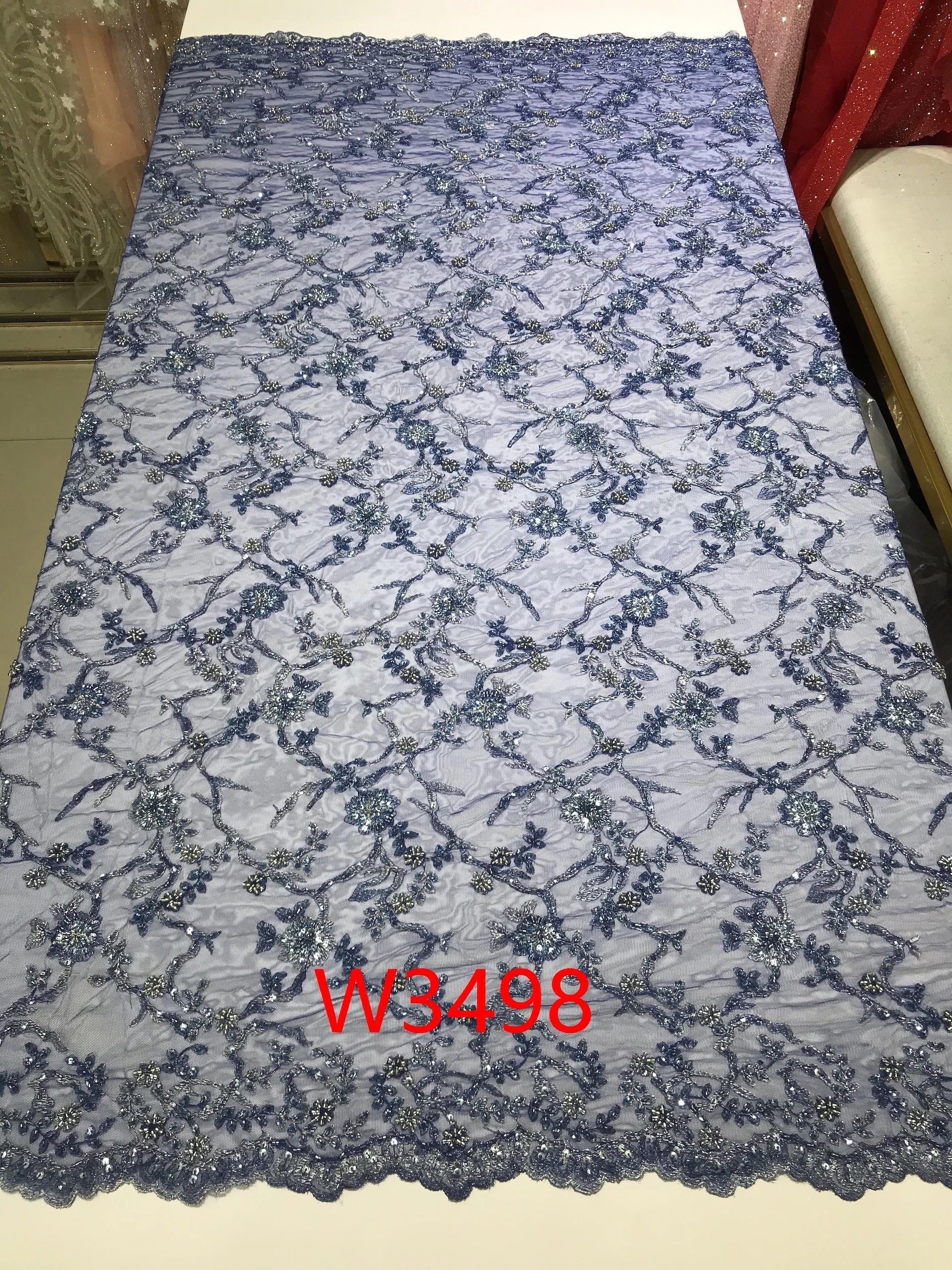 

High Quality Handmade Beaded Sequins Korea French Net Tulle Lace Fabric luxury Design Blue African Lace Fabric 5 Yards for Dress