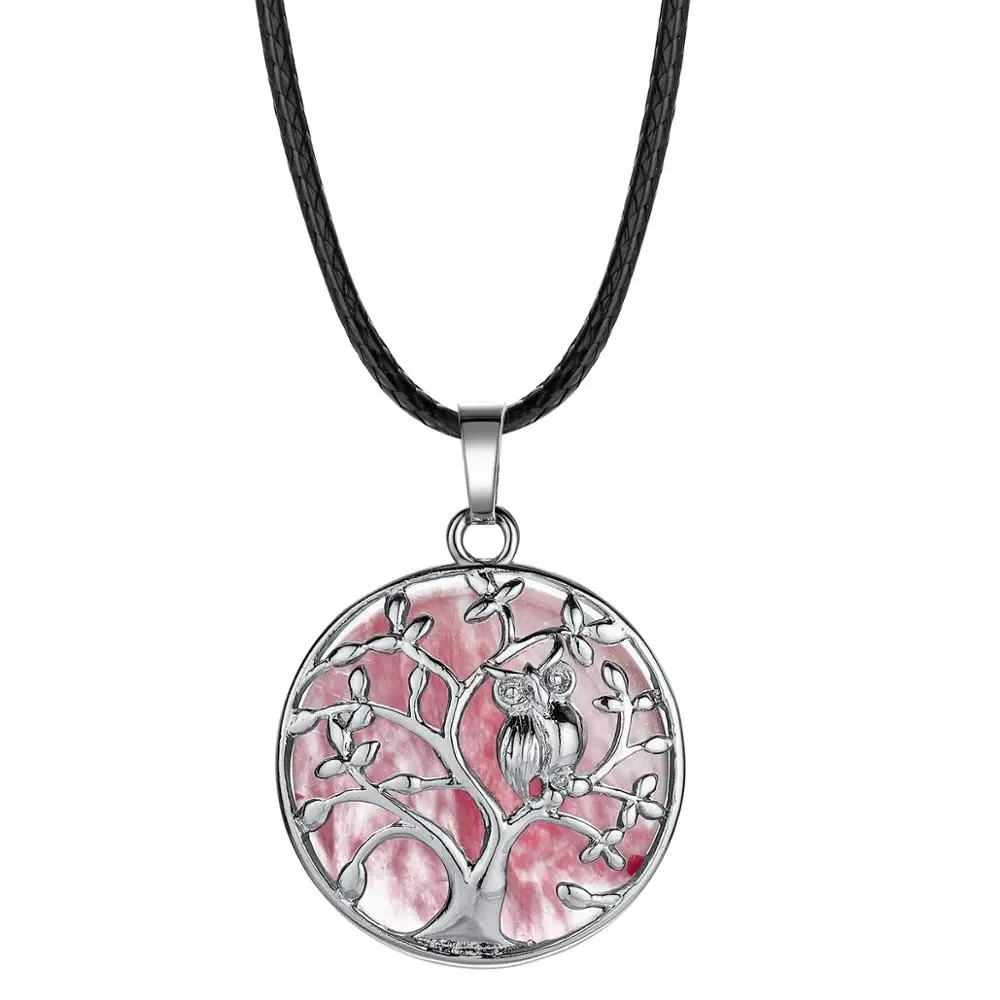 Cherry Quartz ASHMITA серебряный кулон жизнь дерева маленькая Сова эфирные масла диффузор круглый камень ожерелье медальон для женщин Кристалл Чакра Ювелирные изделия - Окраска металла: Cherry Quartz