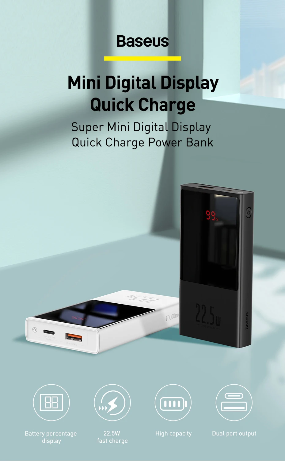 Baseus 10000/20000mAh Mini Power Bank 22.5W Quick Charging External Battery Charger Digital Display PD QC Fast Charge Power Bank|Power Bank| - AliExpress