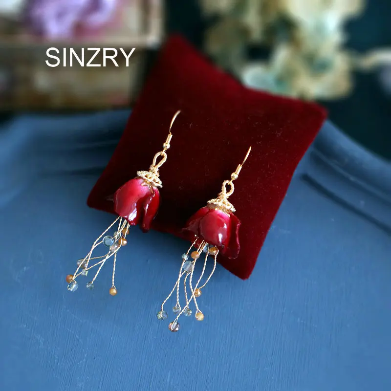

SINZRY original handmade preserved rose flower elegant vintage drop earrings personality creative jewelry