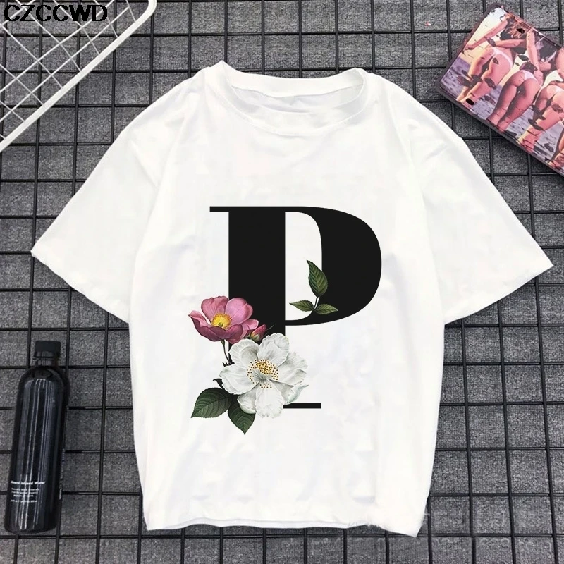 Summer Ulzzang Harajuku Fun Bouquet Of 24 English Letters Print Short Sleeve T Shirt Big Size Loose Vintage Casual Women T-Shirt