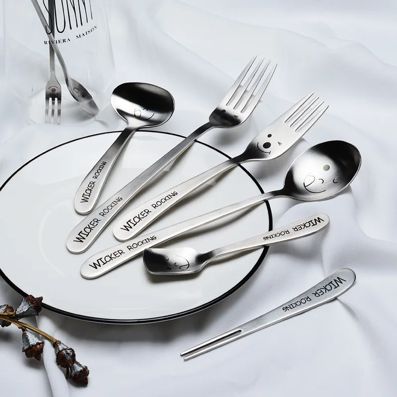 

304 Stainless Steel Creative Smiley Oblique Handle Laser Spoon Chopsticks Fork Students Tableware Full Set Gift Customization Ch