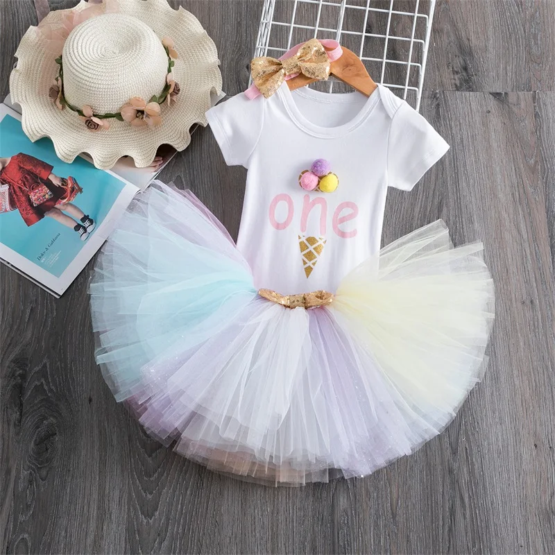 Наряд на день рождения для маленьких девочек, нарядное платье одежда для крещения для малышей Одежда для новорожденных хлопковый топ+ платье-пачка+ повязка на голову - Цвет: 1