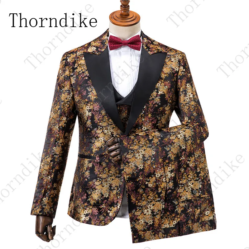 Thorndike Пейсли свадебные костюмы для мужчин дизайн черный золотой цветочный смокинг Slim Fit Мужские вечерние костюмы сценический костюм куртка+ брюки+ жилет