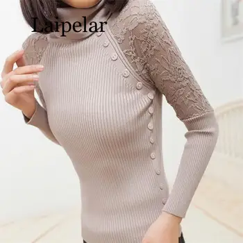 

Autumn Winter Women Sweater Turtle Neck Button Lace Knitted Pullover Female Casual Knitwear Long Sleeve Sueter Pull Femme