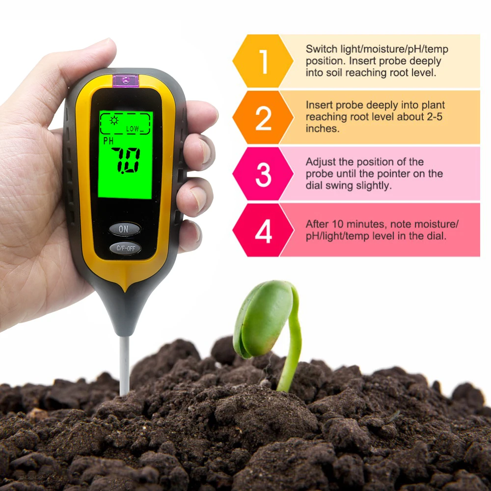 4 в 1 цифровой измеритель кислотности почвы влажность температура монитора Солнечный свет тестер с подсветкой для растений садовый инструмент