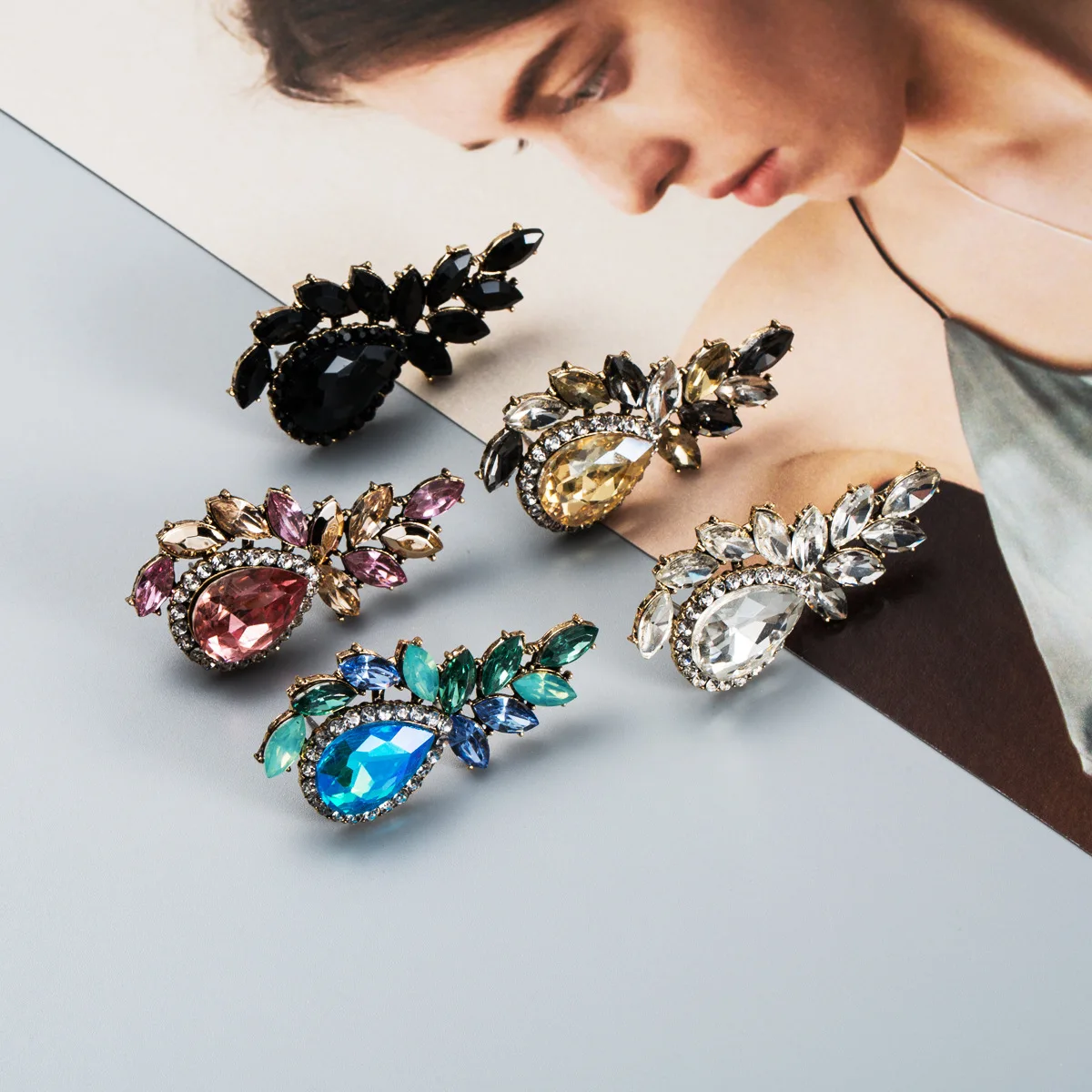 

Jouval Fashion Boho Luxury Waterdrop Rhinestone Earrings Crystal Flower Leaf Plant Dangle Drop Earring For Women Female Eardrop