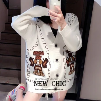 

European new winter heavy embroidery cartoon woman sweaters fashion oversized v-neck knitting cardigan sweater coat