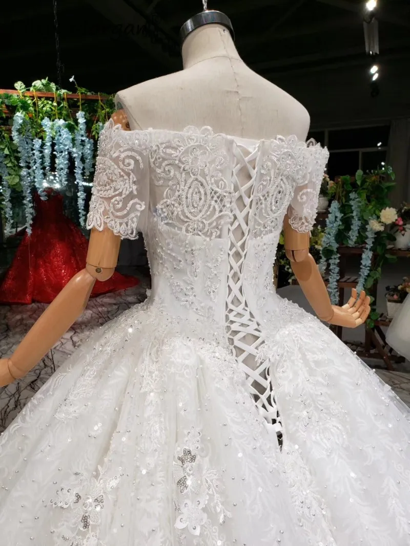 Vestido De Novia Роскошные свадебные платья из жемчуга с открытыми плечами кружева с короткими рукавами расшитое бусинами Формальное Принцесса Свадебное бальное платье