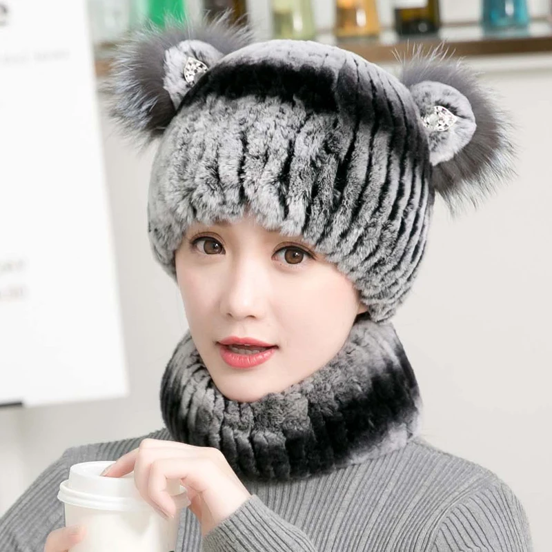 multicolor C Зимняя шапка из меха кролика рекс с милыми кошачьими ушками и блестками, теплая зимняя женская шапка из натурального кроличьего меха, зимняя шапка с вертикальным плетением - Цвет: multicolor C