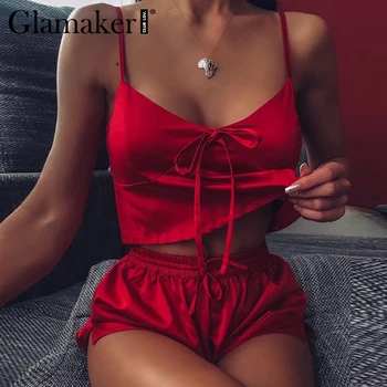 

Glamaker PJ v neck sleeveless women sexy satin home suit Summer style female pajama set sleepwear loungewear women nightwear