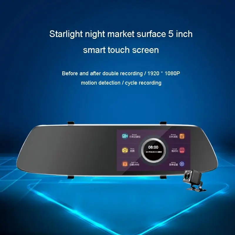 Full HD Автомобильный видеорегистратор с сенсорным экраном, камера 5,0 дюймов, ночное видение, зеркало заднего вида, цифровой видеорегистратор, двойной объектив, Регистрационная камера