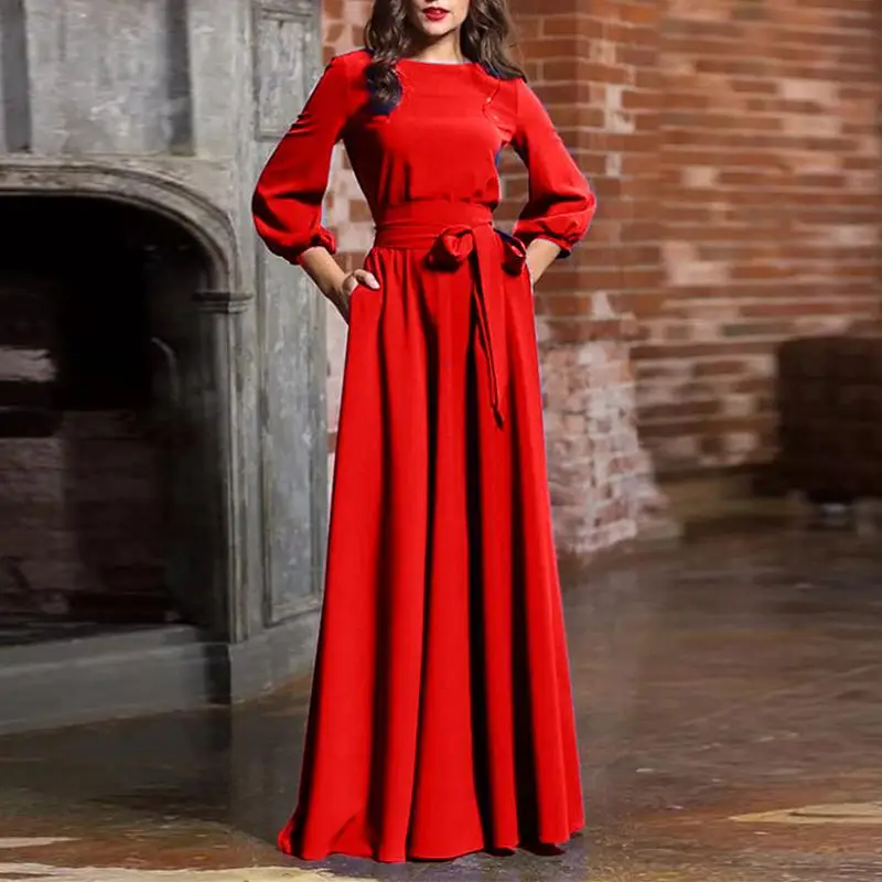 

S-5XL Vintage Plus Size Long Maxi Dress Woman Lantern Sleeve Evening Party Dress Autumn Woman Floor-length Large Size Dresses