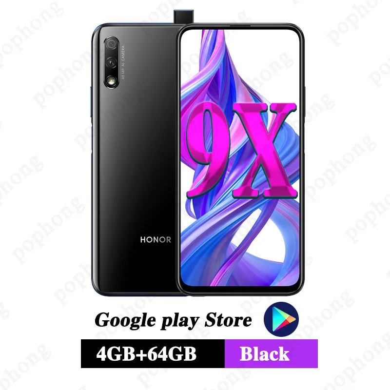 Honor 9X мобильный телефон 6,5 ''полный экран Kirin 810 Восьмиядерный Поддержка Google play 48MP всплывающая фронтальная камера 16MP 4000mAh - Цвет: 4G 64G Black